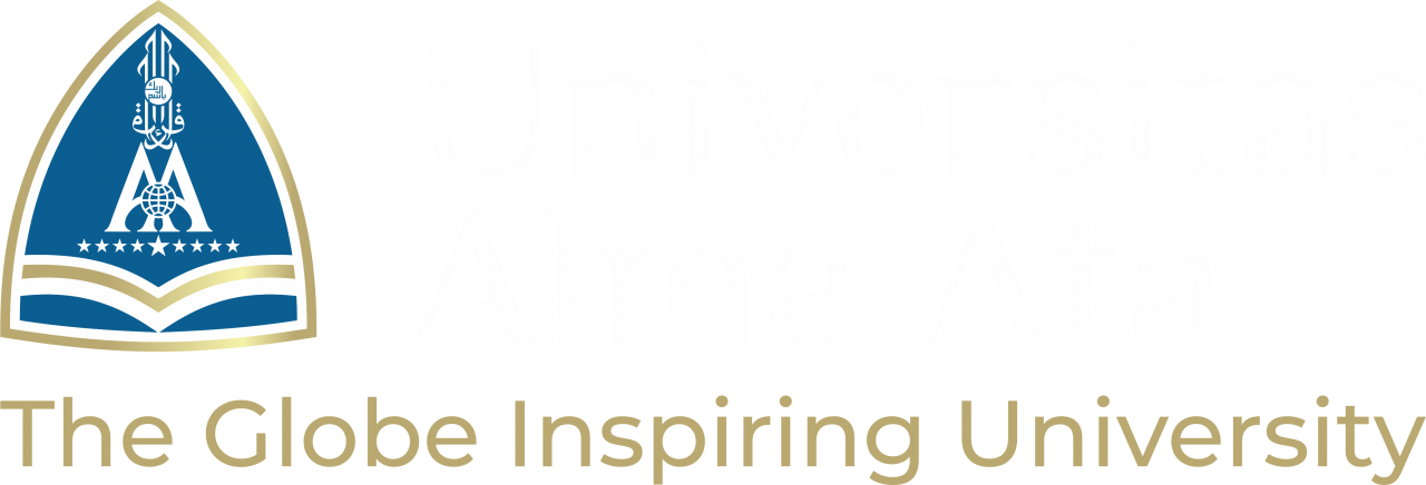 Universitas Alma Ata logo, blue background with yellow icon